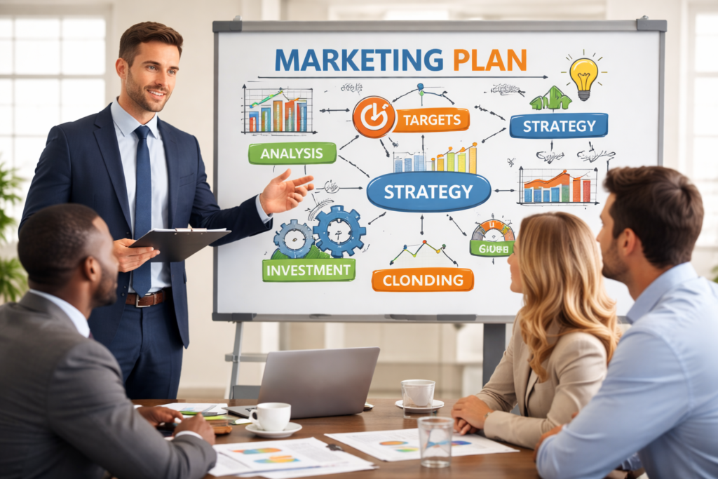 A business team consultant describes a marketing plan to set business strategies for business owners