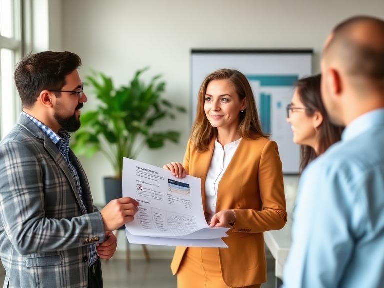 A business team consultant describes a marketing plan to set business strategies for business owners