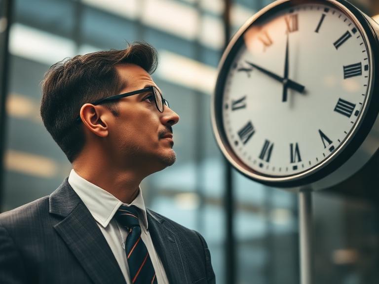 Businessman staring at the clock