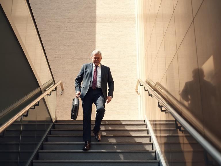 business man walking up stairs