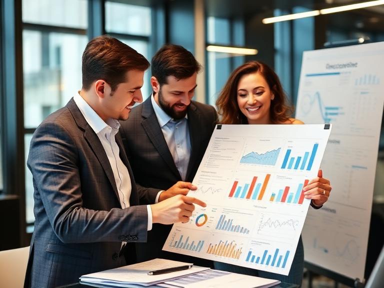 business team reviewing a diagram or chart and financial reports